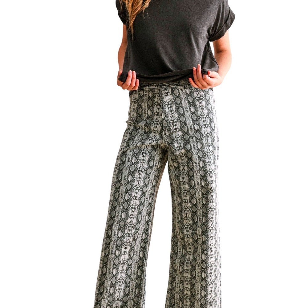 Miou Muse Amimal Print Wide Leg High Rise Raw Hem Pants Gray White Size S